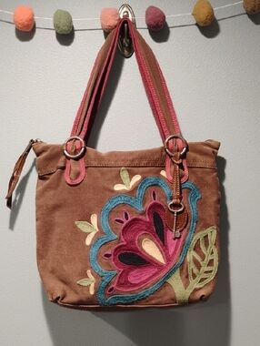 FOSSIL Vintage Brown Floral Embroidered Shoulder Bag